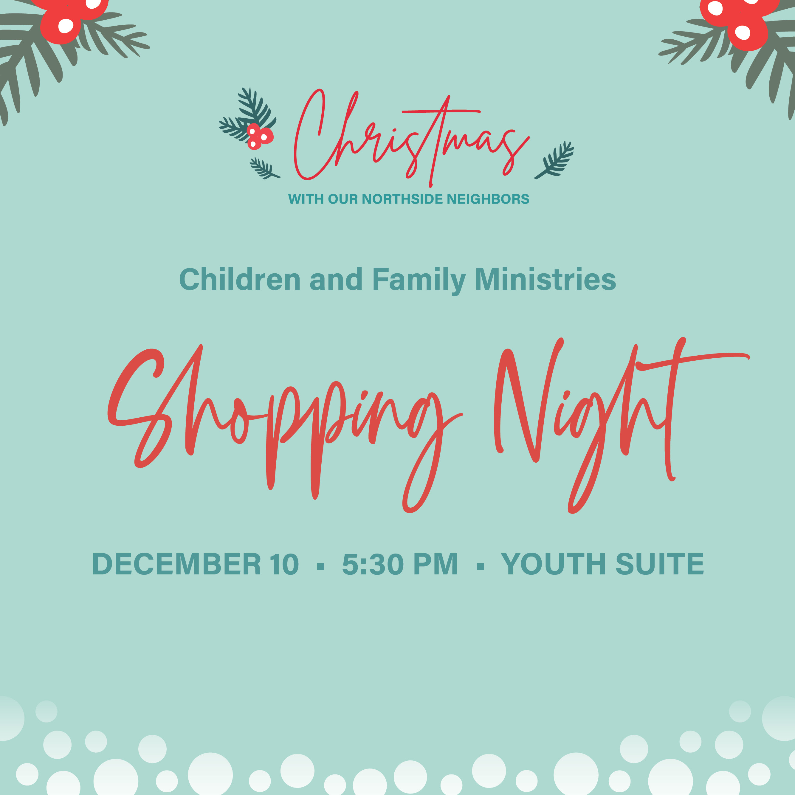 December 10, 5:30 PM, Youth Suite
Elementary students and adults are invited to help prepare Christmas groceries for our Northside Neighbors.


